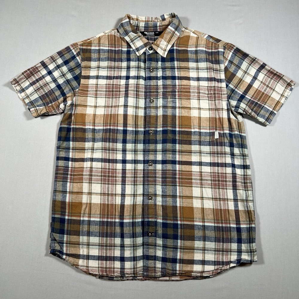 Outdoor Research Shirt Mens M Brown Blue Weisse Plaid Hiking Camping Outdoors